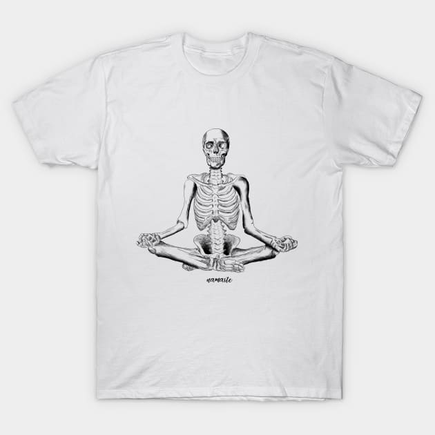 Namaste Skeleton Yoga T-Shirt by deadlydelicatedesigns